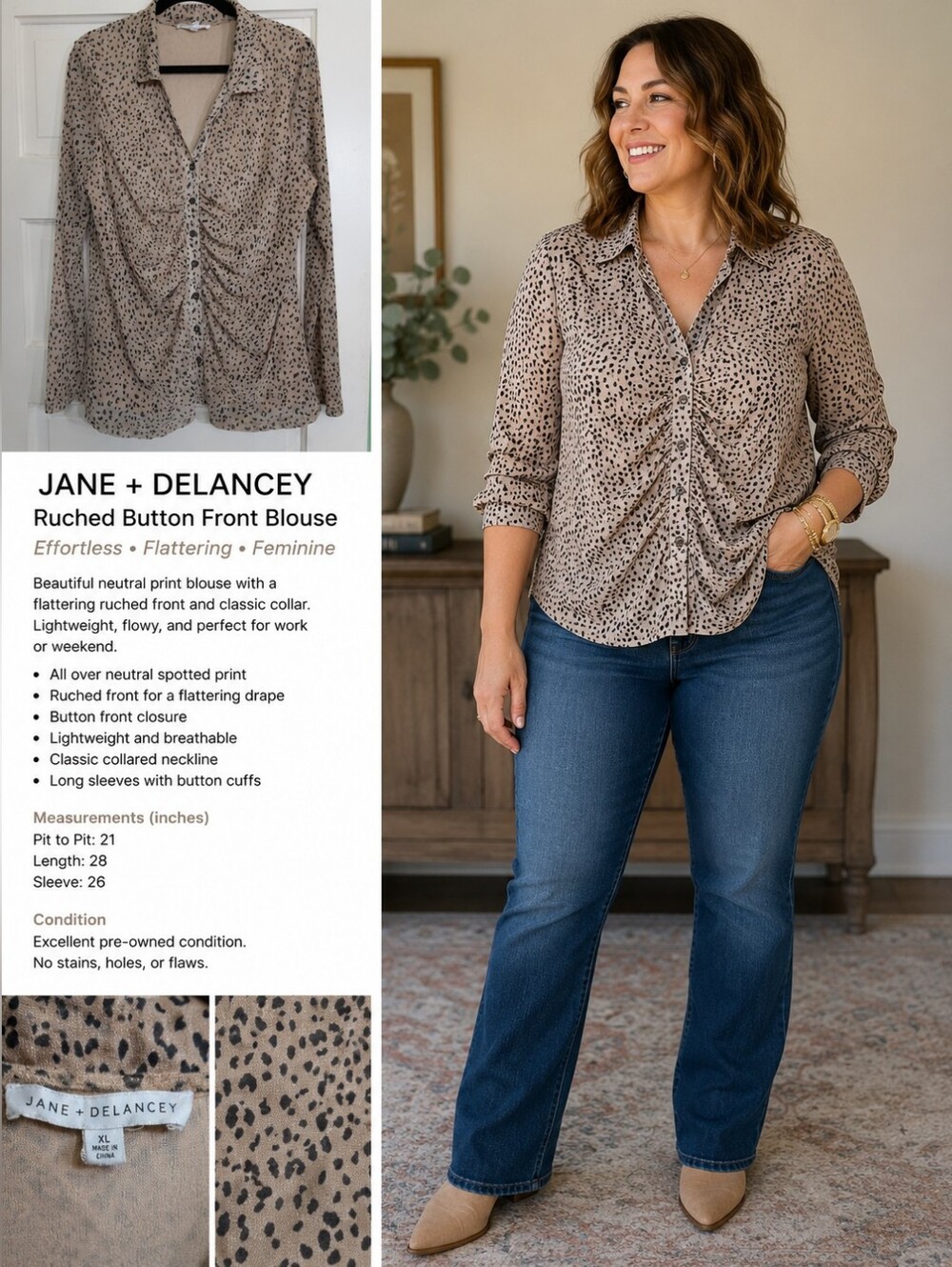 Jane + Delancey XL Animal Print Ruched Button Front Blouse